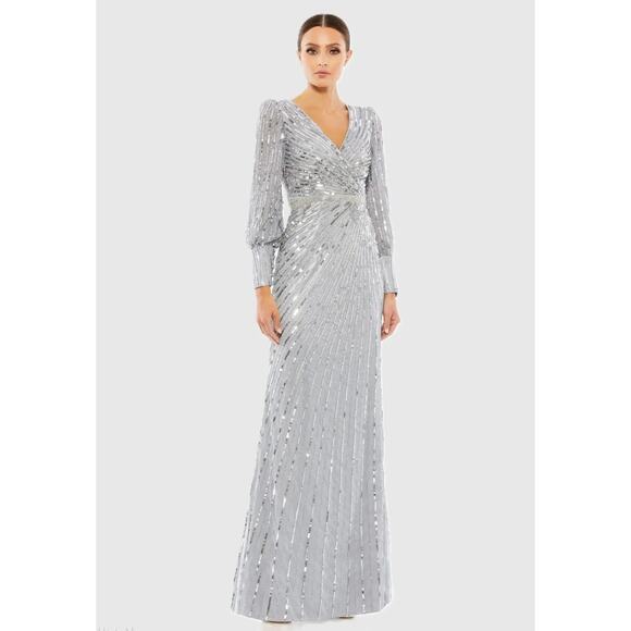 Mac Duggal Silver Sequined Wrap Over Bishop Sleeve Gown - Size 2 - New - Picture 1 of 7